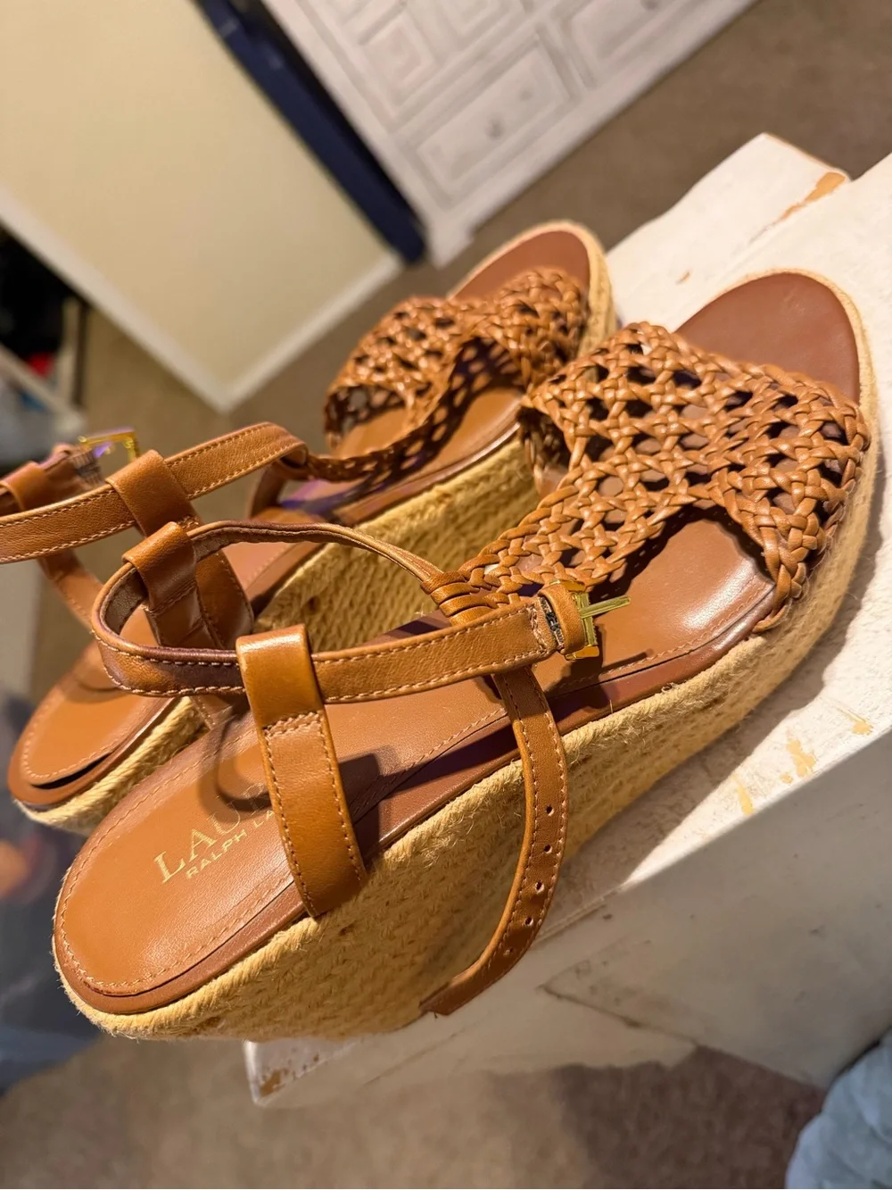 Lauren Ralph Lauren Tan Woven Espadrille Wedge Sandals - size 11